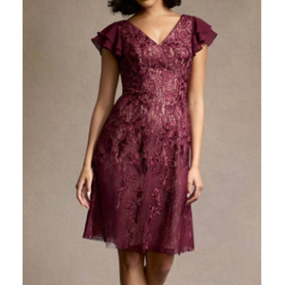 Womens Ruffle Sleeves Midi Dress Shelly Silhotte Floral Party Red Wine Size 4